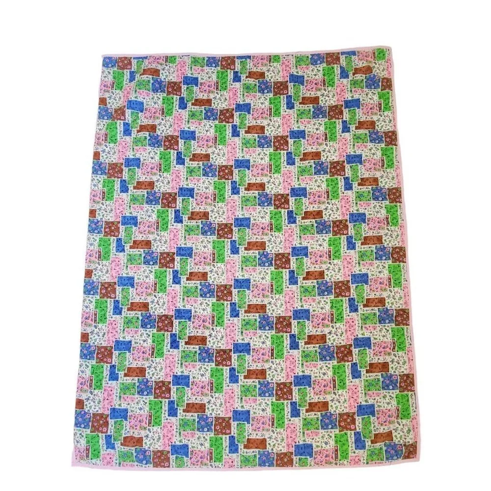 Vintage 60s 70s Ditsy Floral Patchwork Baby Quilt Blanket Pink Trim Blue 42 X 56